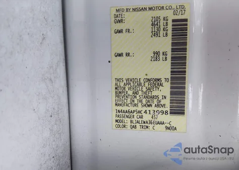 2017 Nissan Maxima 3.5 Sl z USA, uszkodzony, nr VIN 1N4AA6AP5HC413998